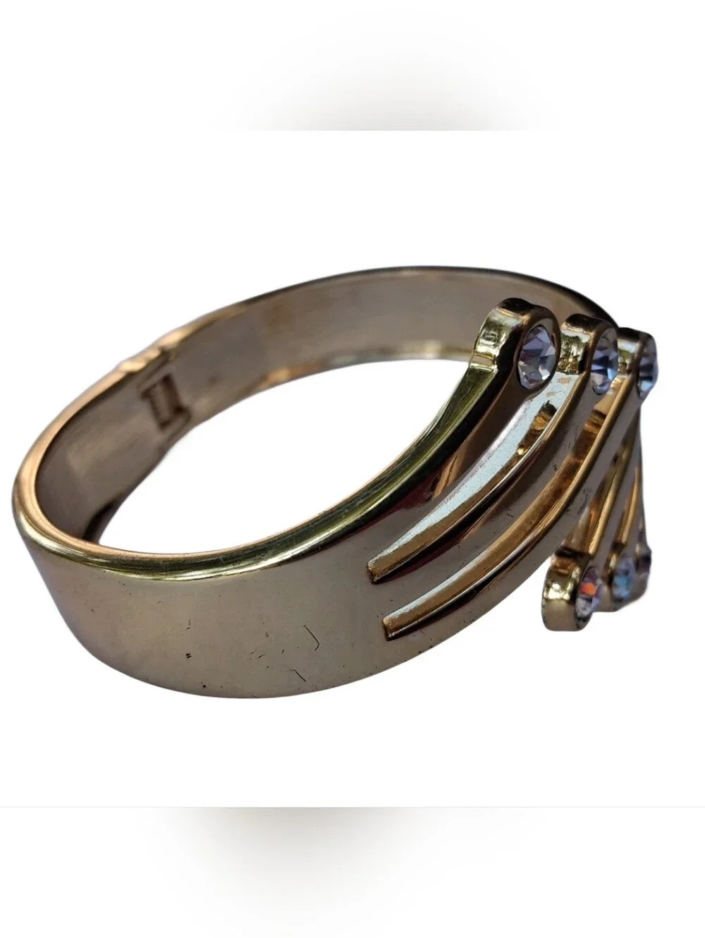 Vintage Gold Tone Rhinestone Bypass Clamper Hinged Cuff Bracelet Statement
